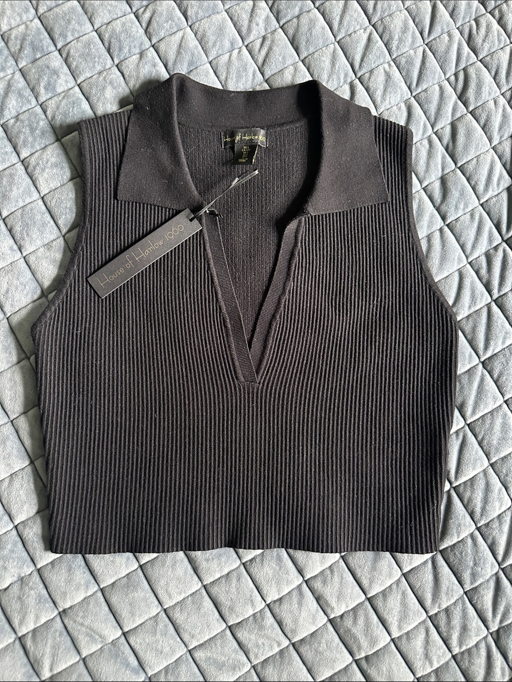 House of Harlow 1960 Black Ribbed Sleeveless Polo Top